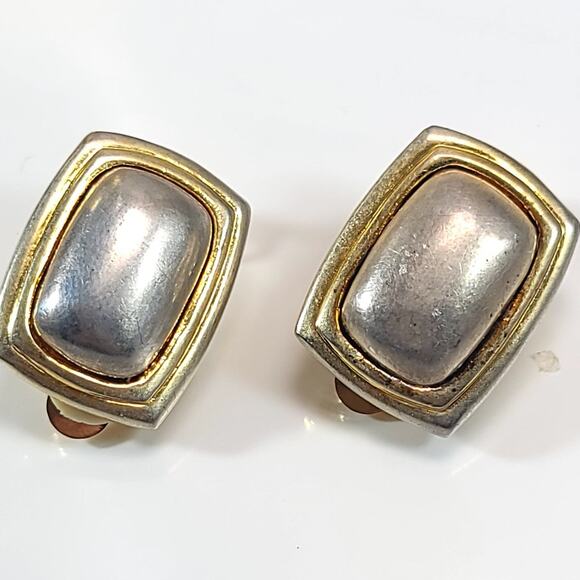Vintage Gold Tone and Silver Clip-On Earrings, Geometric Square Retro Jewelry - Picture 1 of 10